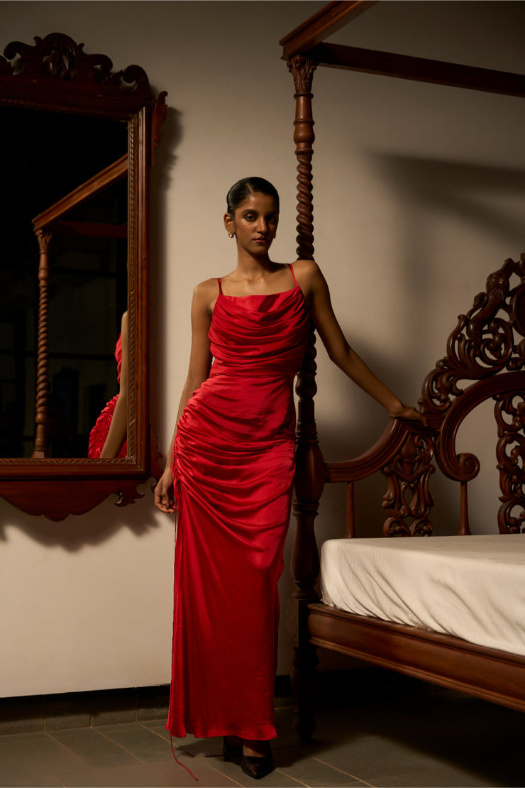 Draped in Desire – The Red Satin Gown