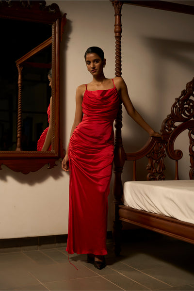 Draped in Desire – The Red Satin Gown