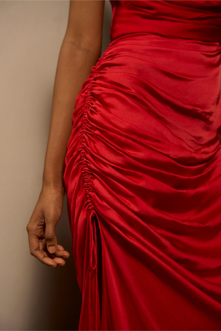 Draped in Desire – The Red Satin Gown