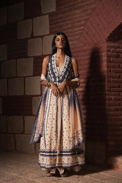 Mauve Ivory Blue Jacket - gown Set