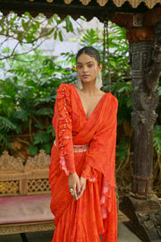 Orange floral ruffle saree