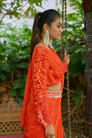 Orange floral ruffle saree