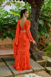 Orange floral ruffle saree