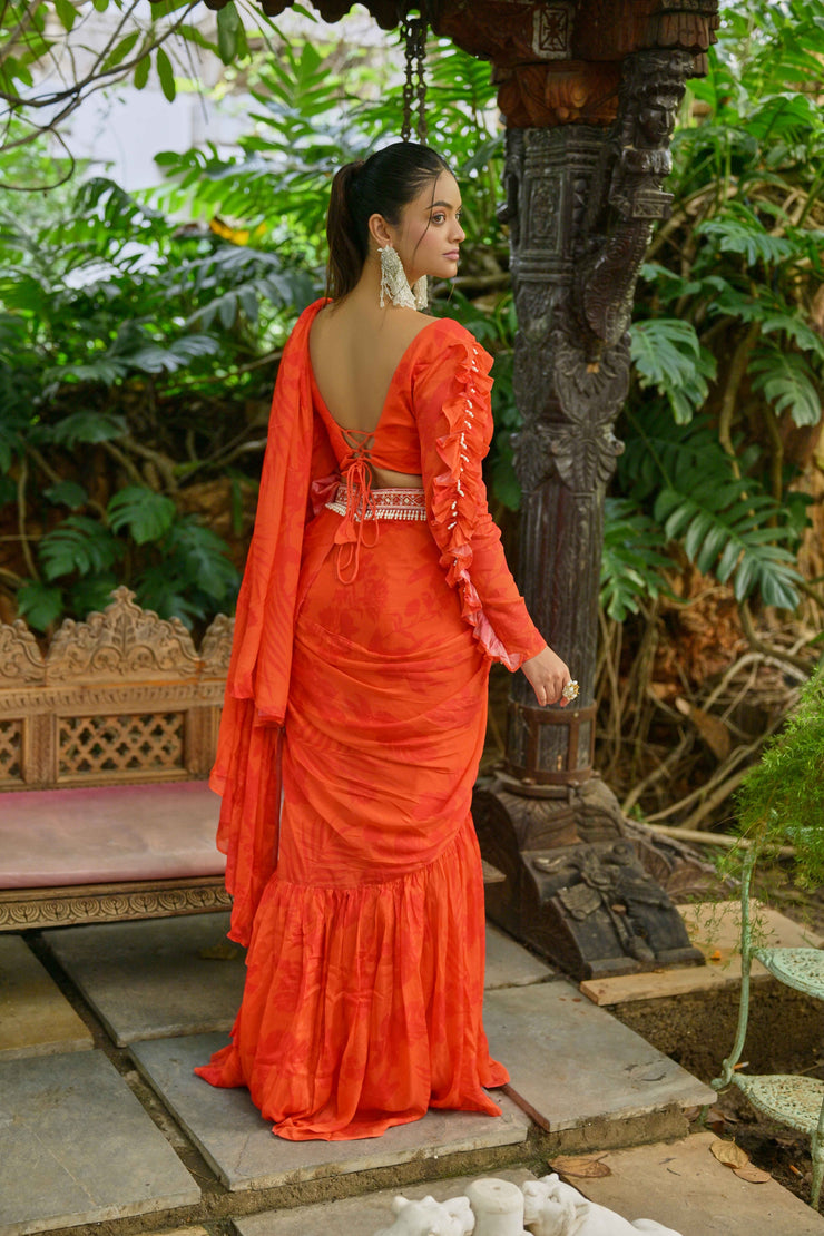 Orange floral ruffle saree