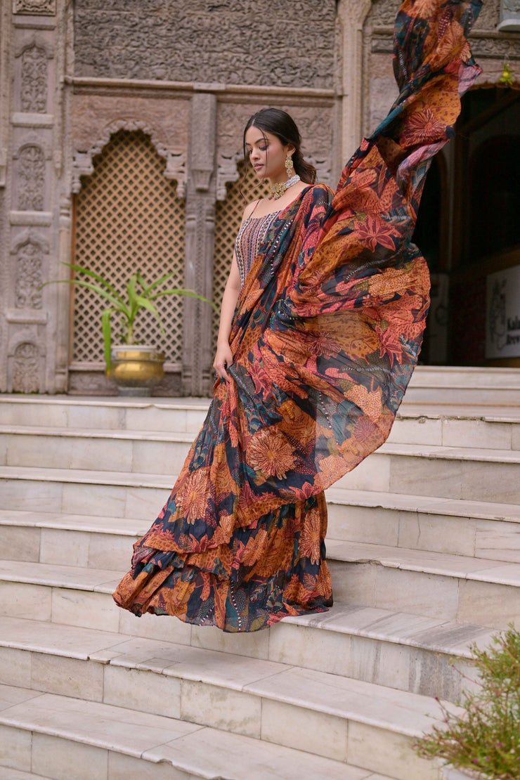 Tiger print ruffle saree