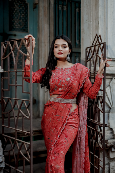 Cherry floral print saree